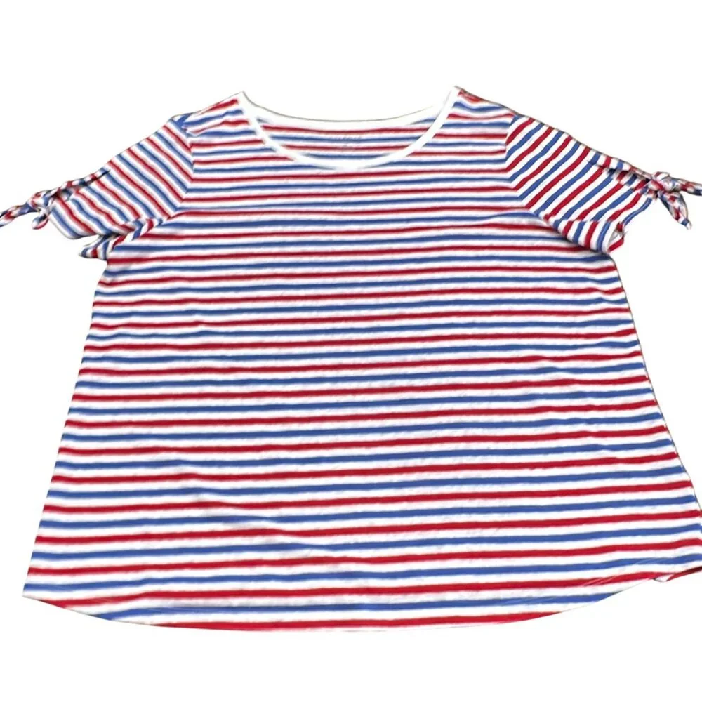 Talbots Shirt Size 2X Red White Blue Patriotic USA Linen Blend Stripe Top Tee - Picture 2 of 10